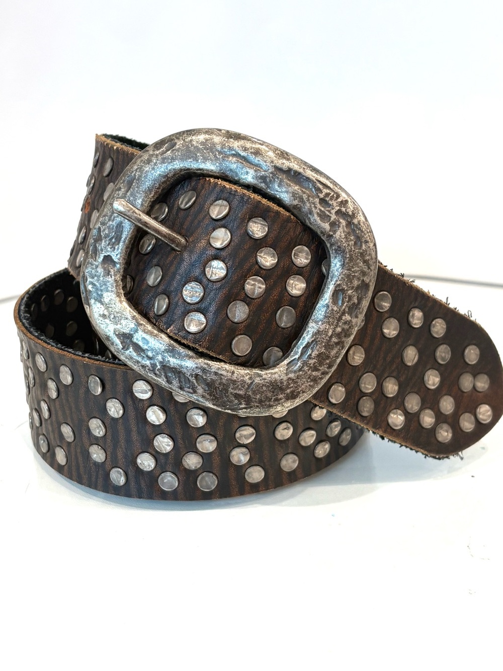 Vintage Y2K Bill Adler Design Studded Brown Leather Belt SZ Medium Silver Buckle